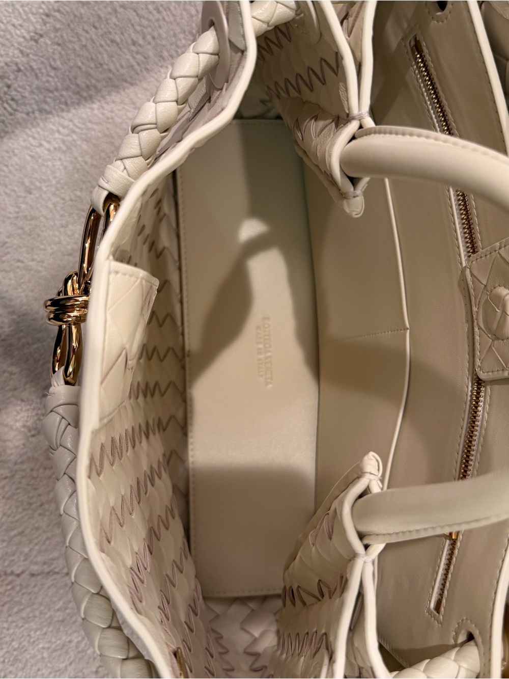 Woven Leather Top-Handle Tote in Cream with Gold Accent - Picture 3 of 9